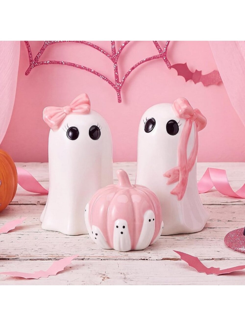 3 Pcs Pink Halloween Decor - Cute Ghost & Pumpkin Table Decorations, Chic